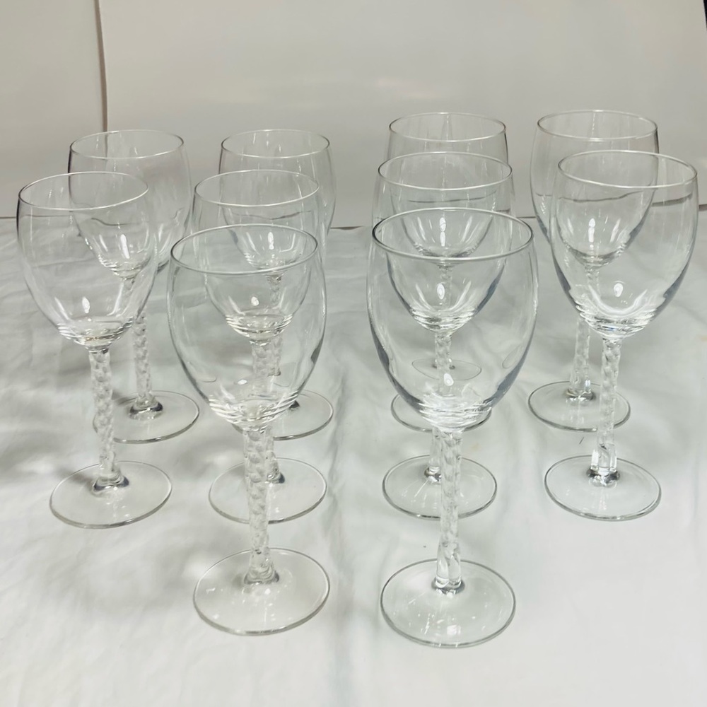 Set of Vintage twisted stem wine glasses five white five red wine glasses